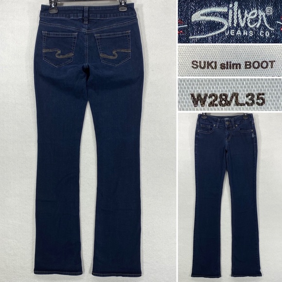 Silver Suki Slim Boot Womens Size 28 x 35 Dark Wash Bootcut Jeans Tall!